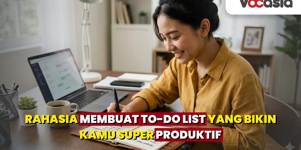 Wanita tersenyum menulis to-do list harian di buku catatan pada meja kerja untuk meningkatkan produktivitas.