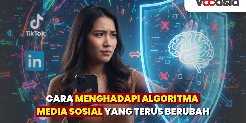 Ilustrasi wanita memegang smartphone dengan perisai digital menghadapi badai ikon media sosial, menggambarkan strategi menghadapi perubahan algoritma.