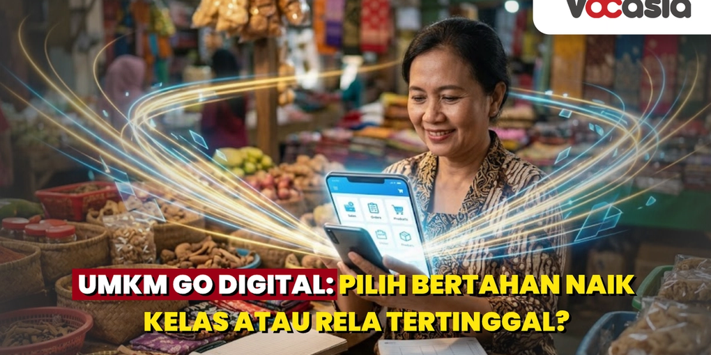 Pedagang perempuan UMKM di pasar tradisional tersenyum menggunakan smartphone untuk mengelola bisnis online, merepresentasikan transformasi go digital.