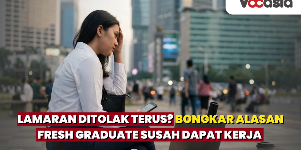 Sebuah gambar realistis yang menunjukkan seorang fresh graduate wanita Asia tampak stres dan kecewa di bangku taman kota modern. Dia memegang kepalanya, dikelilingi oleh laptop yang terbuka, smartphone, dan tumpukan surat lamaran kerja yang ditolak. Latar belakang menunjukkan gedung pencakar langit kota (Jakarta) pada sore hari. Gambar thumbnail yang relevan untuk artikel tentang fresh graduate sulit dapat kerja