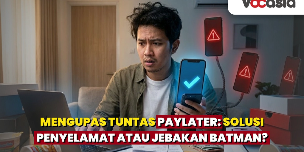 Pria stres di depan laptop dan tumpukan tagihan dengan tangan terikat pada smartphone berlogo peringatan merah, menggambarkan jebakan hutang paylater.