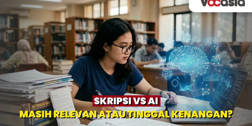 Seorang mahasiswi berkacamata sedang fokus menulis di meja perpustakaan yang dipenuhi tumpukan buku tebal, sementara dari layar laptop di hadapannya muncul proyeksi hologram biru berbentuk otak digital dan jaringan data yang melambangkan Kecerdasan Buatan (AI).