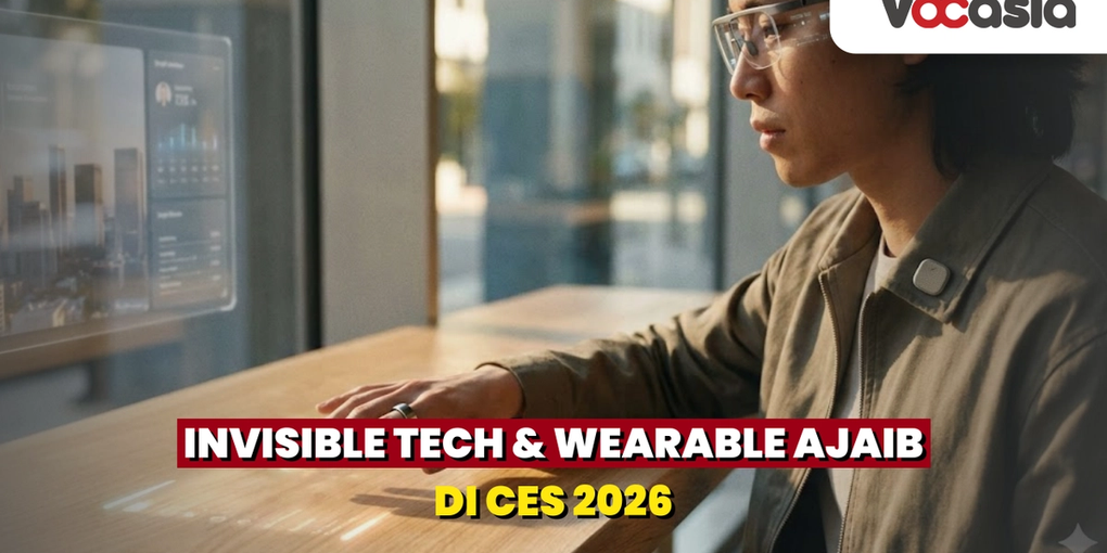Seorang pria sedang berinteraksi dengan teknologi 'invisible tech' masa depan, mengenakan kacamata pintar minimalis, cincin pintar (smart ring), dan pin AI di kerah baju, sambil mengontrol antarmuka hologram yang menyatu dengan permukaan meja kayu.