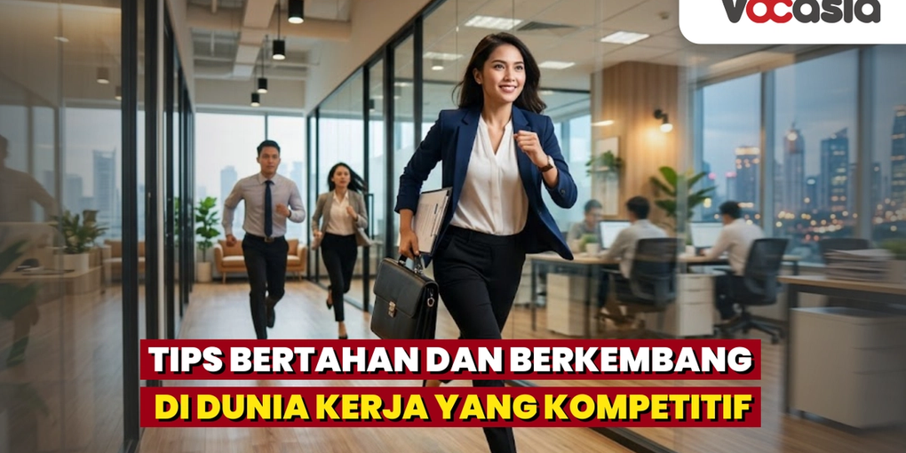 Sekelompok profesional muda berlari penuh semangat di lorong kantor modern, merepresentasikan langkah cepat dan persaingan positif di dunia kerja yang kompetitif.