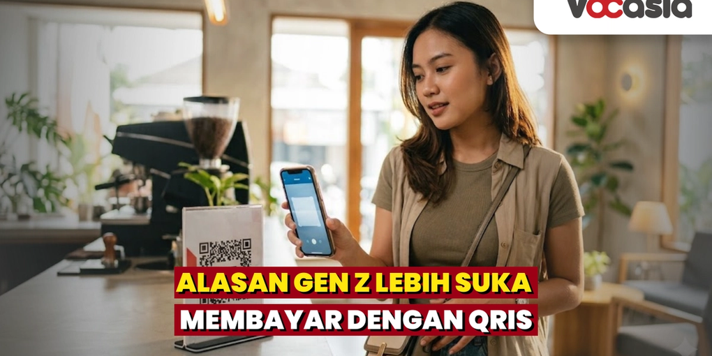 Wanita muda Gen Z sedang memindai kode QRIS menggunakan smartphone di kasir kafe untuk pembayaran cashless.