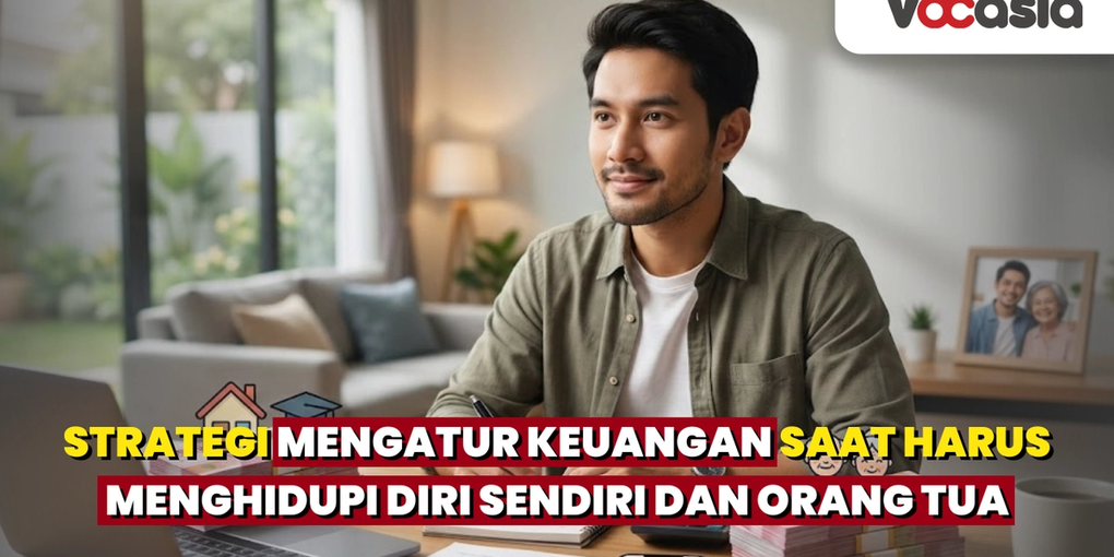 Strategi Mengatur Keuangan Generasi Sandwich Menghidupi Diri Sendiri dan Orang Tua dengan Rupiah, Digambarkan dengan Pria Menghitung Uang dan Ikon Kebutuhan Keluarga.