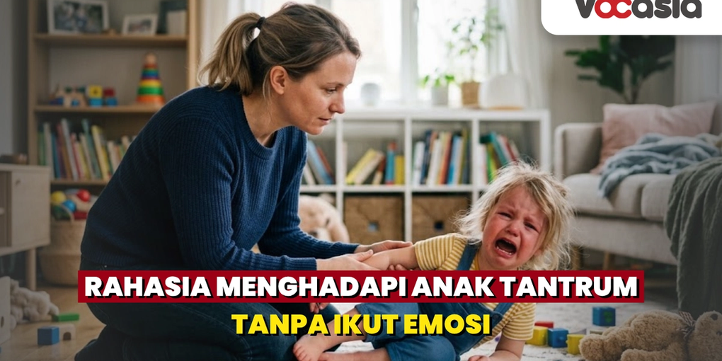 Seorang ibu yang sabar sedang menenangkan anak balitanya yang menangis dan tantrum di lantai ruang keluarga.