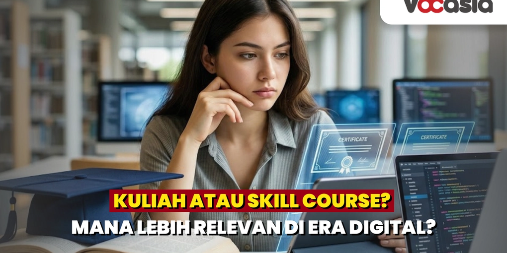 Wanita muda sedang mempertimbangkan pilihan karir antara pendidikan kuliah tradisional dengan simbol toga dan buku, melawan skill course digital dengan layar tablet dan laptop coding.