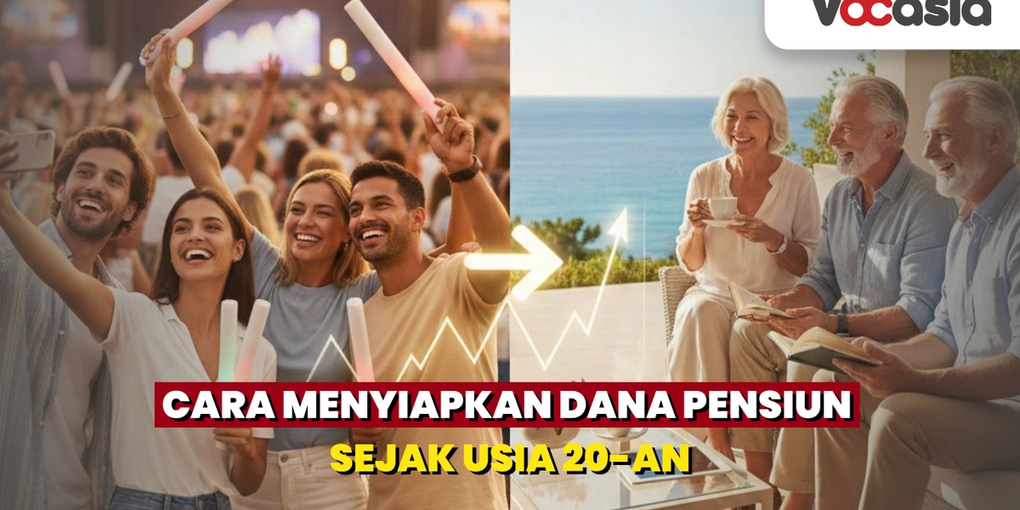 Ilustrasi transisi anak muda usia 20-an yang bersenang-senang di konser menuju masa pensiun lansia yang sejahtera di vila pinggir laut, dihubungkan dengan panah grafik investasi yang menanjak.