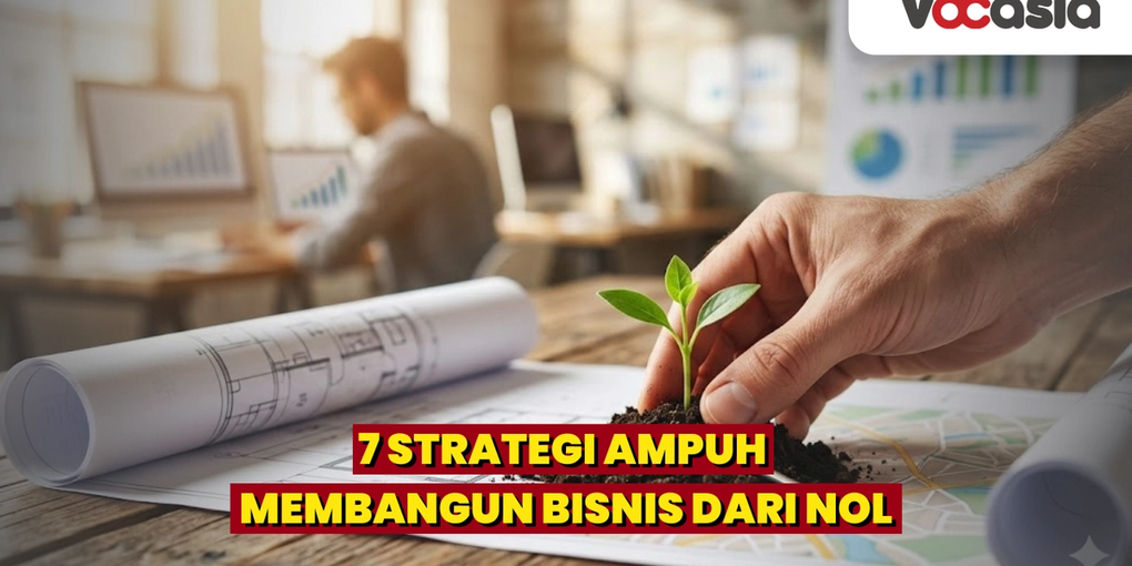 Strategi membangun bisnis dari nol diilustrasikan dengan tangan menanam tunas hijau di atas cetak biru dan grafik keuangan.