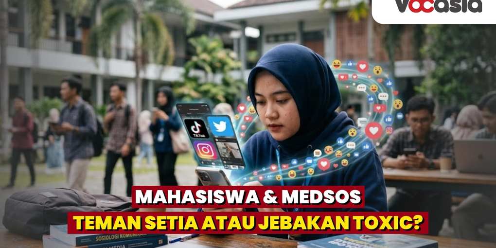 Seorang mahasiswa perempuan berhijab duduk di halaman kampus menggunakan smartphone, dengan ikon media sosial melayang dan buku-buku tentang Sosiologi Komunikasi di meja.