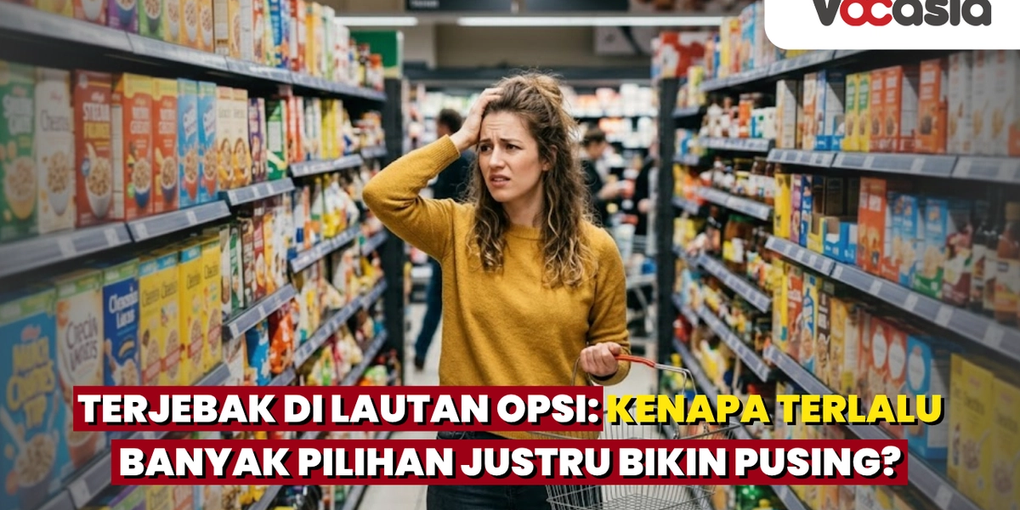 Wanita bingung memegang keranjang belanja di lorong supermarket karena terlalu banyak pilihan produk.