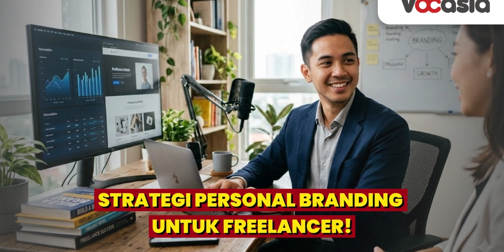 Foto seorang freelancer pria Asia profesional tersenyum di meja kantor modern dengan monitor menampilkan analitik data. Di atas meja ada buku 'BUILD A BRAND' dan 'FREELANCE SUCCESS', mikrofon, dan smartphone. Latar belakang menunjukkan papan tulis dengan diagram strategi personal branding dan pertumbuhan bisnis