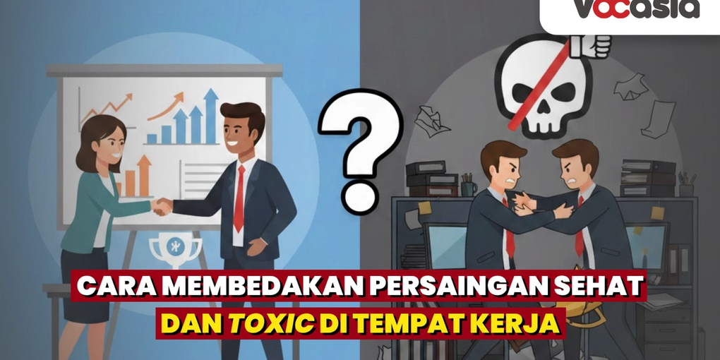 Perbedaan lingkungan kerja positif dan lingkungan kerja toksik. Visualisasi persaingan sehat melalui kolaborasi tim dibandingkan dengan kompetisi tidak sehat yang merusak suasana kantor.