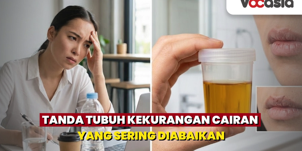 Gejala dehidrasi pada tubuh manusia yang ditandai dengan sakit kepala, warna urine kuning pekat, dan bibir kering pecah-pecah akibat kurang cairan.