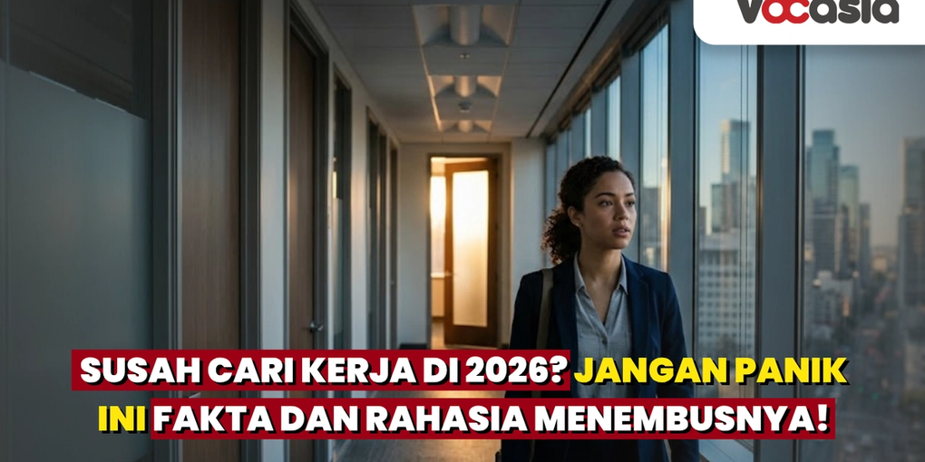 Wanita profesional muda dengan ekspresi termenung menatap pemandangan kota dari jendela kantor modern, merepresentasikan tantangan mencari kerja di tahun 2026.
