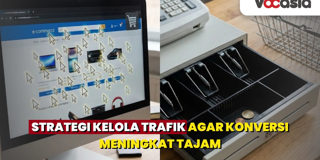Ilustrasi tingginya trafik website e-commerce yang tidak sejalan dengan tingkat konversi penjualan, ditandai dengan laci kasir yang sepi pembeli.