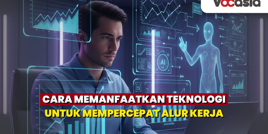 seorang pria yang sedang memanfaatkan teknologi untuk mempercepat kerjanya.