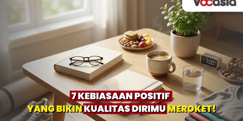 Rutinitas pagi yang cerah dengan buku, kopi, matras yoga, dan sepatu lari untuk meningkatkan kualitas diri dan kebiasaan positif.