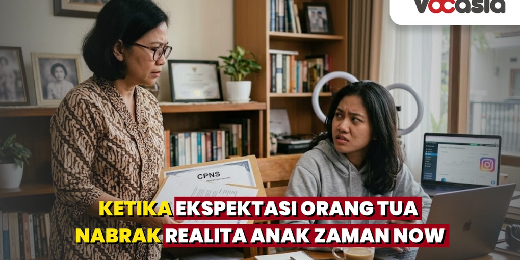 Seorang ibu menyodorkan dokumen lamaran kerja kepada anak perempuannya yang sedang bekerja dengan laptop, menggambarkan konflik ekspektasi orang tua dan realita anak zaman sekarang.