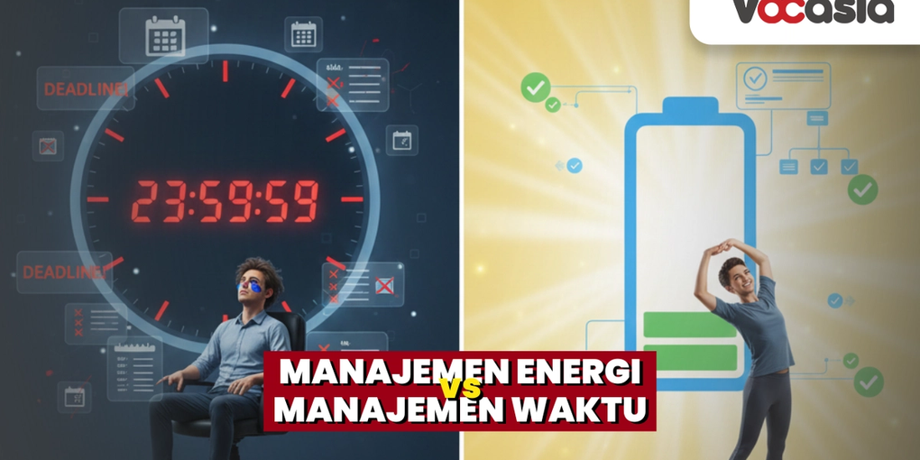 gambar seseorang dan waktu yang terus berjalan dan seseorang dengan gambar baterai yang membutuhkan energi