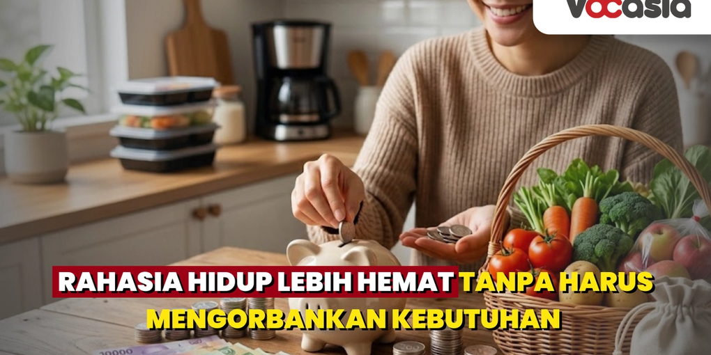 Wanita menabung koin di celengan dikelilingi uang rupiah, sayuran segar, dan bekal makanan sebagai ilustrasi hidup hemat.