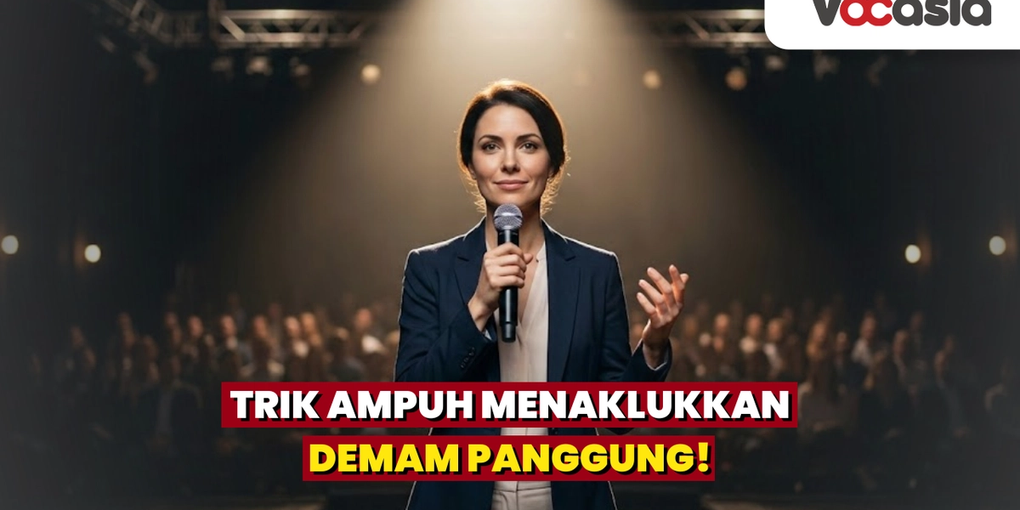 Pembicara wanita tampil percaya diri di depan audiens, ilustrasi tips public speaking dan cara menaklukkan demam panggung.