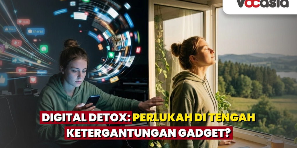 Perbandingan efek ketergantungan gadget yang memicu stres dengan ketenangan mental saat melakukan digital detox di dekat jendela.