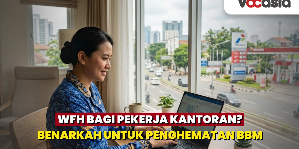 Seorang ASN wanita berseragam Korpri sedang WFH menggunakan laptop di rumah dengan latar belakang pemandangan jalan raya dan SPBU, mengilustrasikan penghematan BBM.