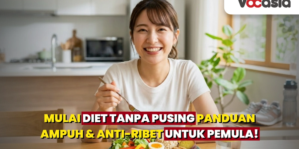 Wanita tersenyum menikmati menu diet sehat bergizi seimbang dengan porsi sayuran dan protein sebagai inspirasi panduan diet pemula.