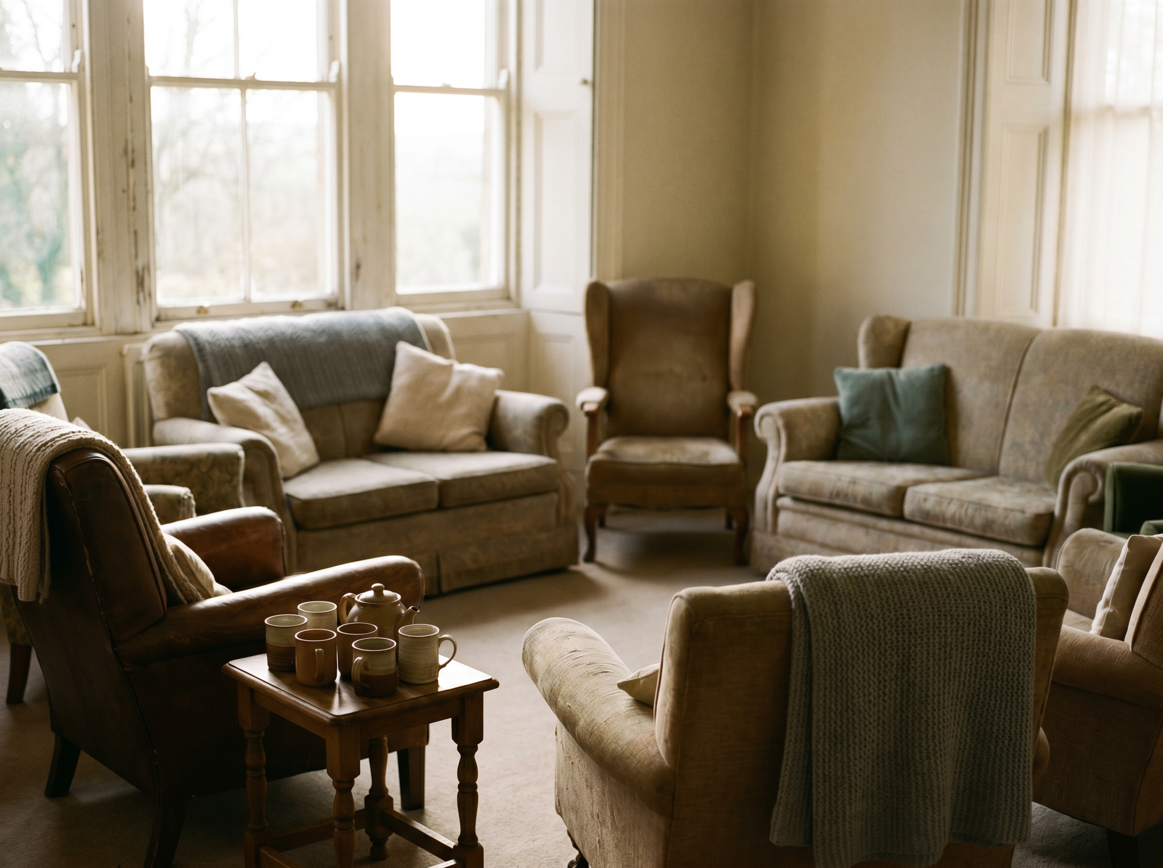 A warm, light-filled room of chairs arranged for a group session — group therapy