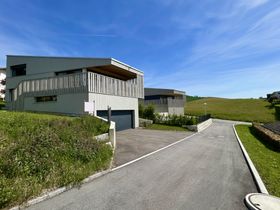 Aussenansicht mit Doppelgarage und Zufahrt