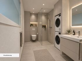 Visualisierung einer möglichen Wohnung – Bad mit Waschturm