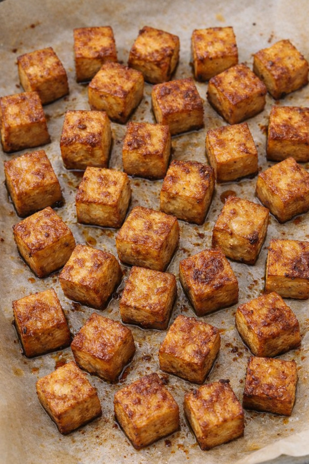Prepare tofu by pressing it into a cube. Add 1 tsp cornflour and 3 tbsp coconut aminos. Oven-bake for 20 to 25 minutes until golden, or air fry at 400°F (200°C) for 8 minutes.