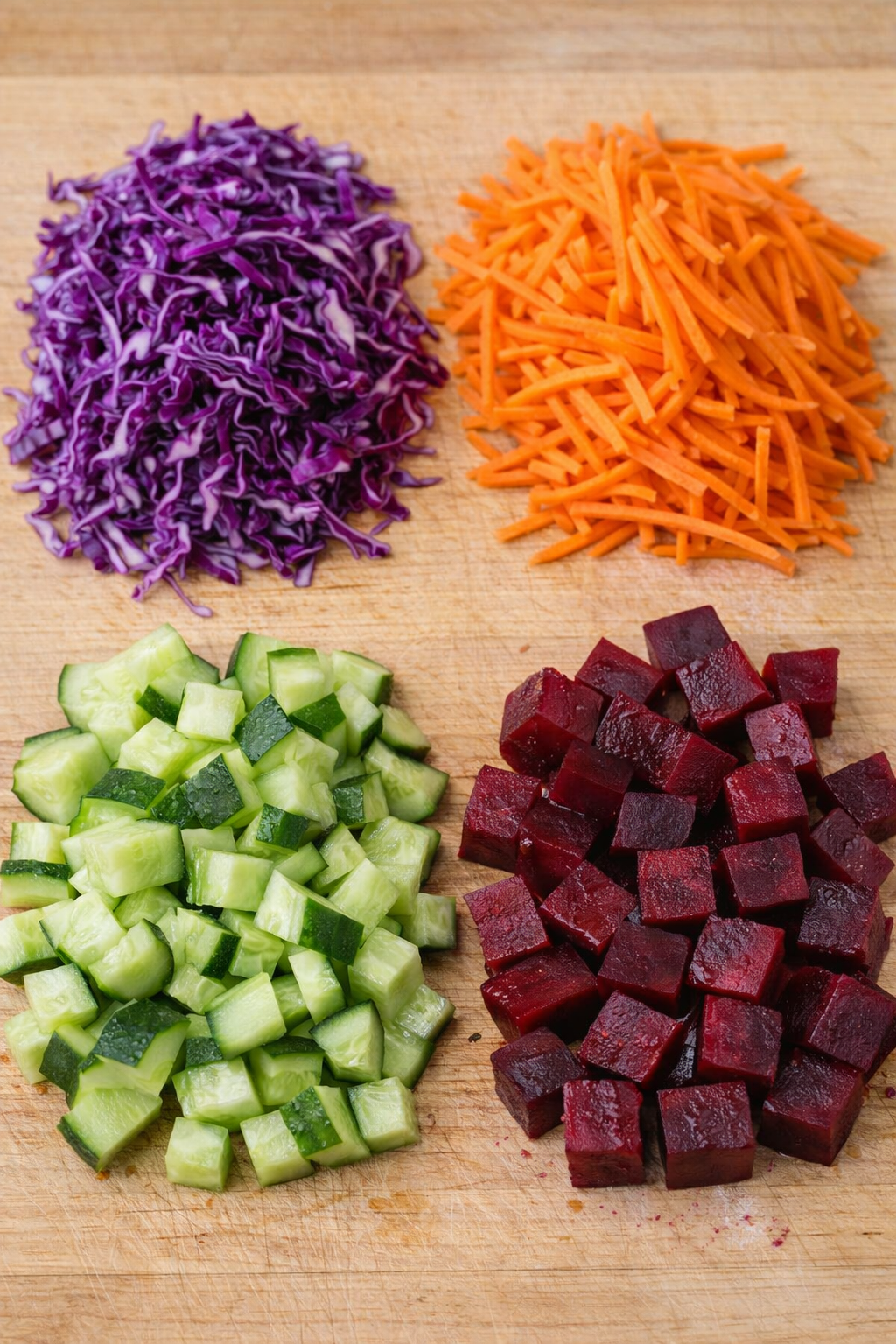 Freshly prepped vegetables on wooden board for vegan sushi bowl: shredded purple cabbage, julienned orange carrots, diced green cucumber, and cubed red beets.