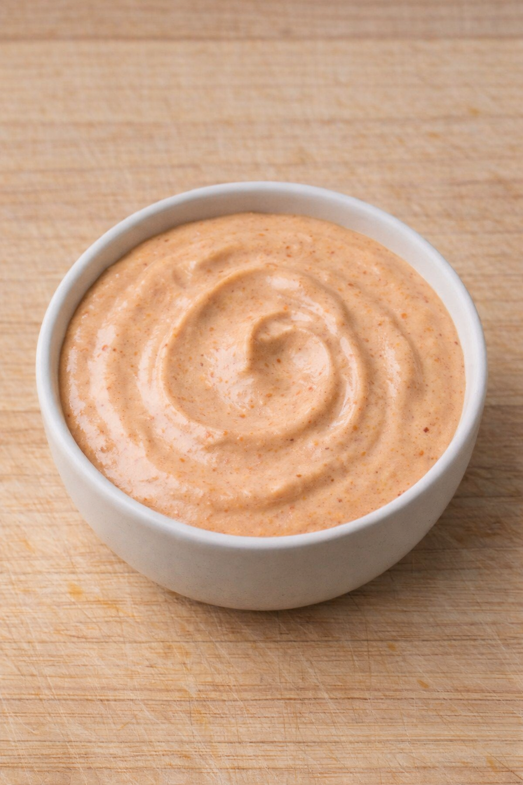 Creamy blended sriracha mayo made from soaked cashews, lemon juice, sriracha, maple syrup, tamari, and plant milk in white bowl on wood.