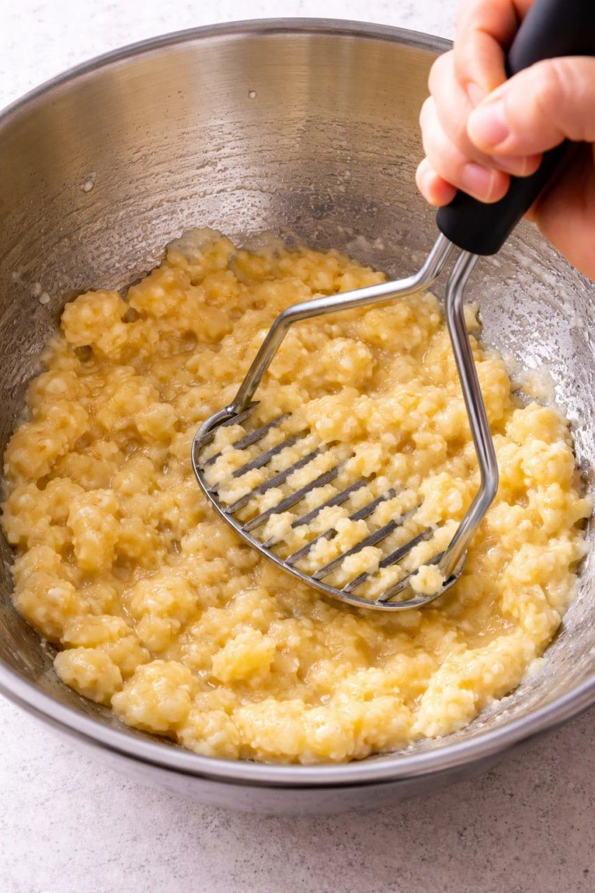 Mashing ripe bananas with a potato masher in a metal bowl