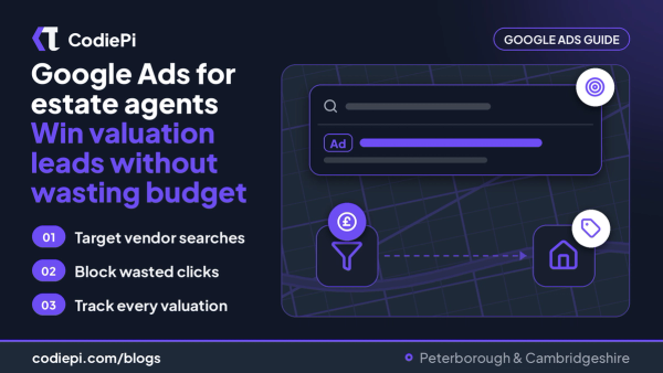 Google Ads for estate agents cover: search ad card, pound coin on a funnel, house with valuation tag