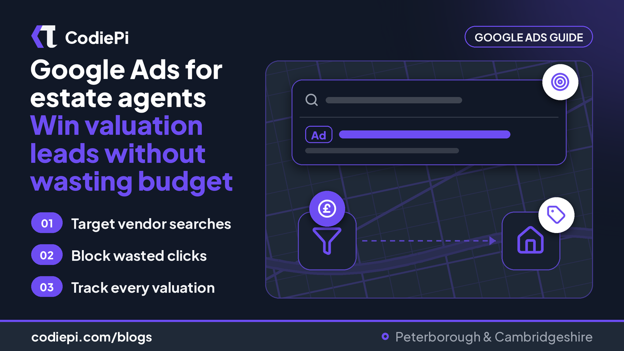 Google Ads for estate agents cover: search ad card, pound coin on a funnel, house with valuation tag