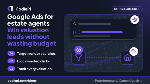 Google Ads for estate agents cover: search ad card, pound coin on a funnel, house with valuation tag