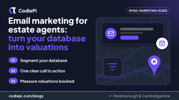 Cover on email marketing for estate agents: an email, a segment filter, a house map pin and a calendar tick