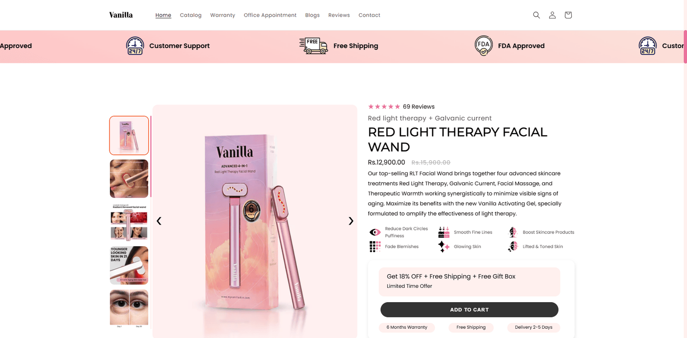 Vanilla Skincare Store Homepage