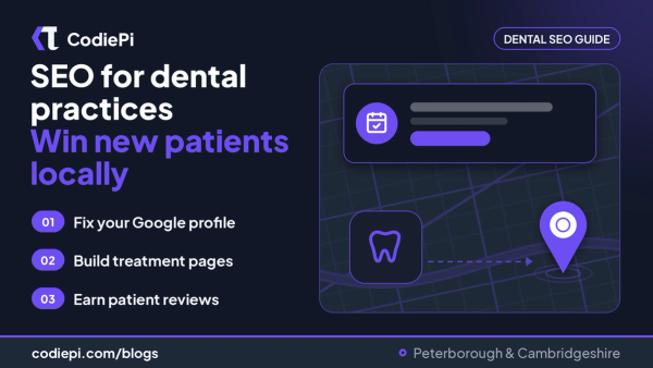 CodiePi cover: SEO for dental practices, with a tooth icon, a map pin and a booking calendar card