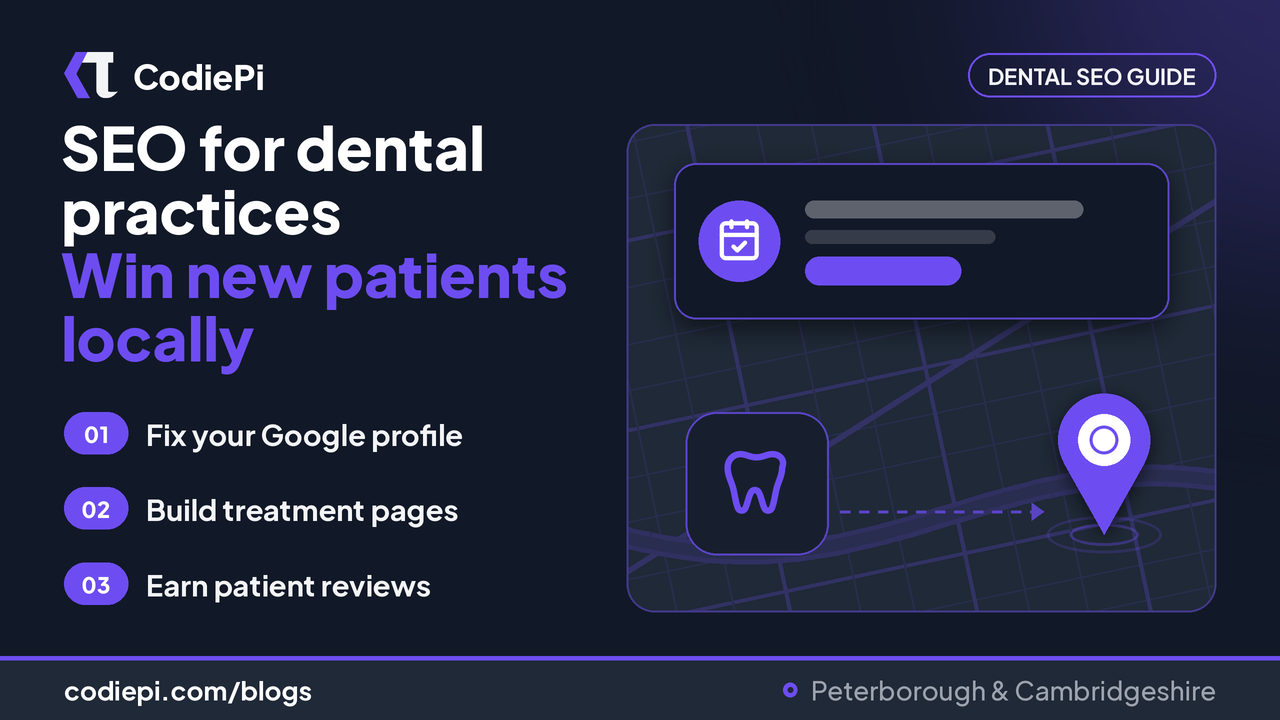 CodiePi cover: SEO for dental practices, with a tooth icon, a map pin and a booking calendar card
