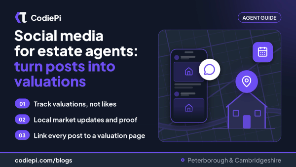 Social media for estate agents cover: valuation tips beside a phone feed, house pin and calendar
