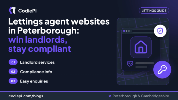 Lettings agent websites in Peterborough: tips beside a browser, house key and shield icon