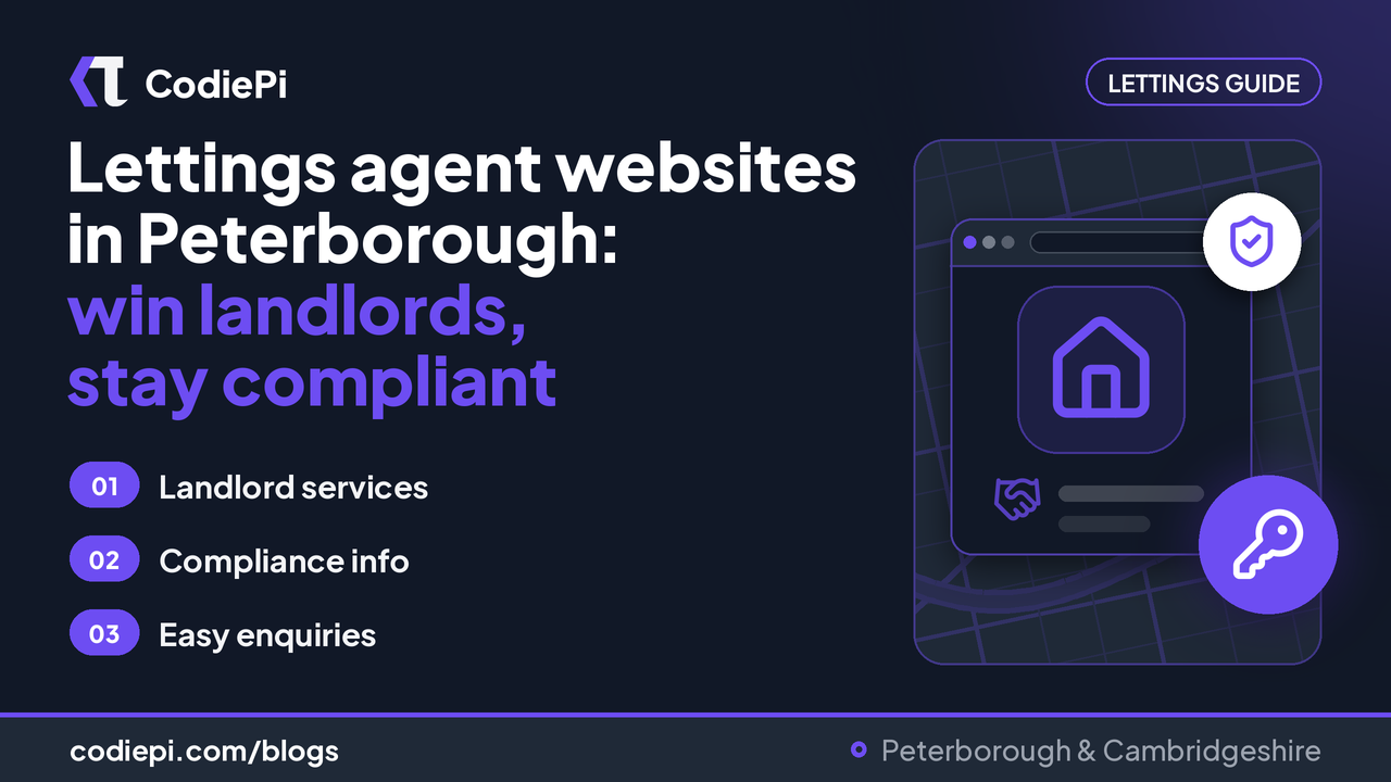Lettings agent websites in Peterborough: tips beside a browser, house key and shield icon