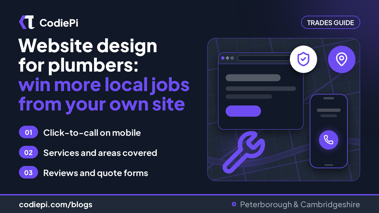 Website design for plumbers cover: local job tips beside a browser, phone call button and wrench