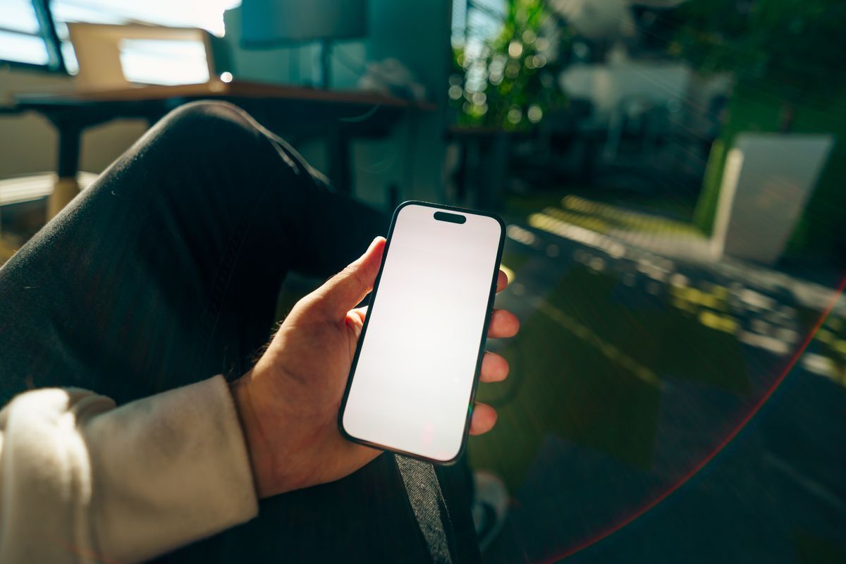 Hand holding a smartphone with a blank screen in a sunlit room, with a desk and plants out of focus behind