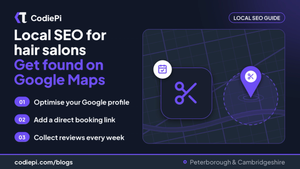 CodiePi cover: local SEO for hair salons, with scissors, a booking calendar badge and a map pin